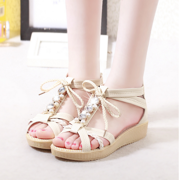 Дамски сандали от изкуствена кожа с камъни: Розови, Сини, Бели, Бежови