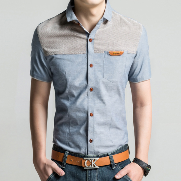 Ανδρικά κοντομάνικα βαμβακερα καλοκαιρινά ποκάμισα  σε μπλε και μπεζ χρώμα