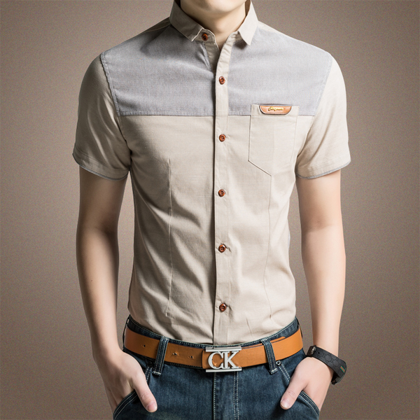 Ανδρικά κοντομάνικα βαμβακερα καλοκαιρινά ποκάμισα  σε μπλε και μπεζ χρώμα