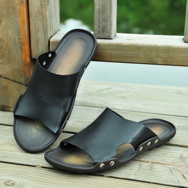 Мъжки кафяви, бели и черни кожени чехли