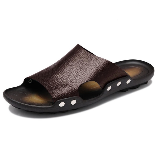 Мъжки кафяви, бели и черни кожени чехли