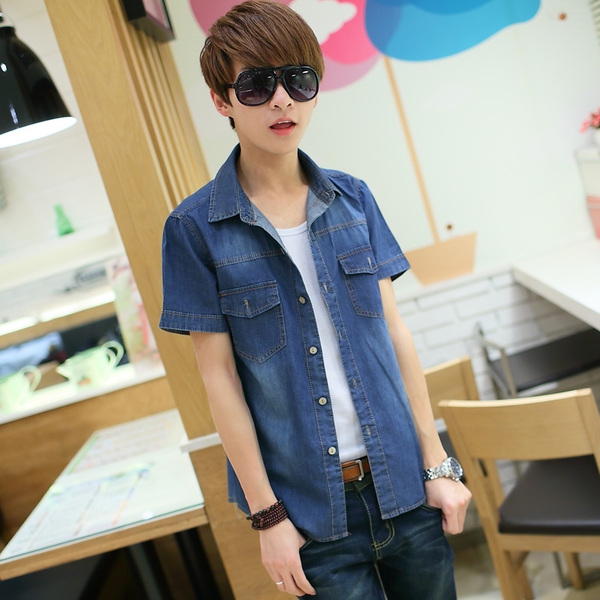 Летни денимови ризи за мъже в светлосин и тъмносин цвят 