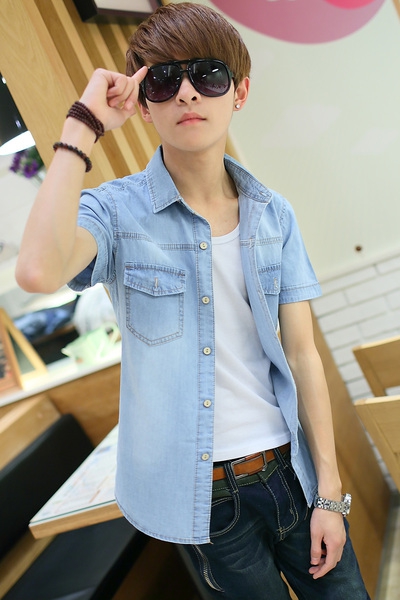 Летни денимови ризи за мъже в светлосин и тъмносин цвят 