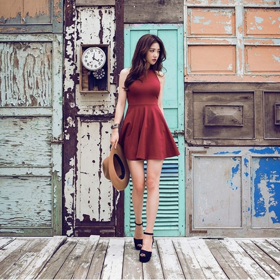 Дамска къса лятна слим рокля 2016 - виненочервена и черна