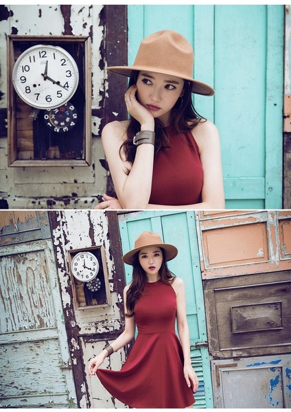 Дамска къса лятна слим рокля 2016 - виненочервена и черна