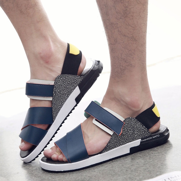 Мъжки летни сандали от изкуствена кожа - бял,черен и син цвят  
