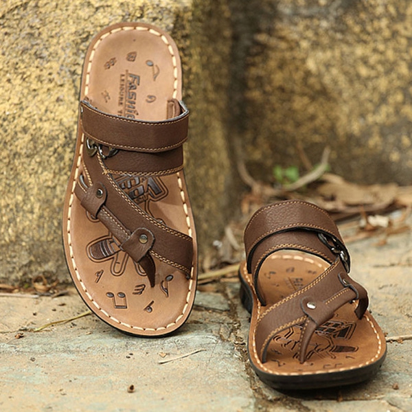 Мъжки летни сандали - черни и кафяви  - с плоска пета, от изкуствена кожа с добра дишаща функция