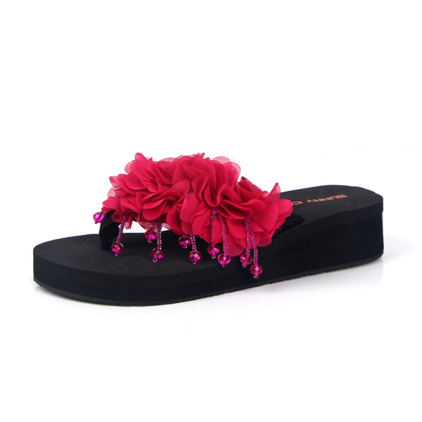 Дамски летни сандали с цветенца - зелени, сини, черни и червени с декоративни елементи - Sunny colours