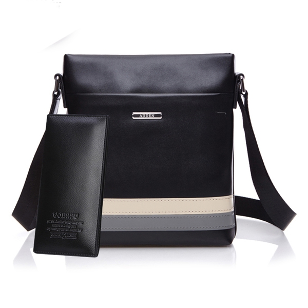 Мъжка кожена чанта с дълга дръжка в черно и кафяво