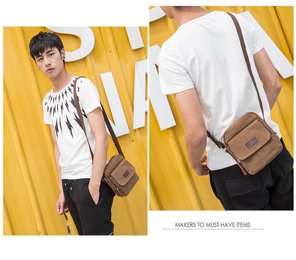 Малки мъжки чанти изработени от платно и памук - 3 модела в зелен кафяв и бежов цвят 