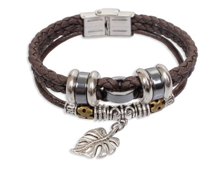 Ανδρικά δερμάτινα βραχιόλια με ρετρό διακόσμηση - φύλλο, τριφύλλι, καρδιά, σταυρός, επιγραφή Μις Wu