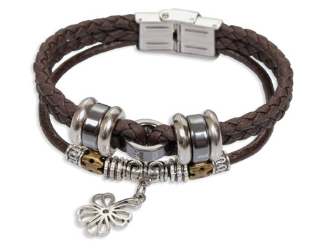 Ανδρικά δερμάτινα βραχιόλια με ρετρό διακόσμηση - φύλλο, τριφύλλι, καρδιά, σταυρός, επιγραφή Μις Wu