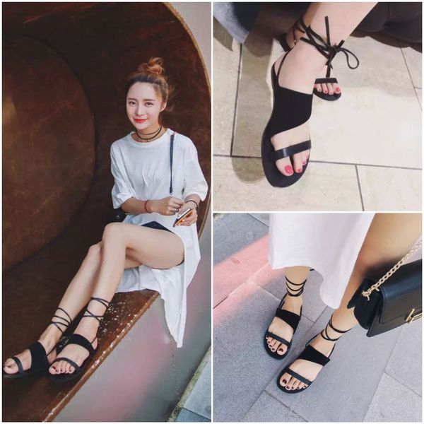 Дамски летни сандали с връзки в черен и кафяв цвят