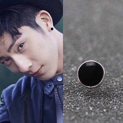 Чифт кръгли мъжки обеци с черен камък - 7 мм 10 мм 12 мм 