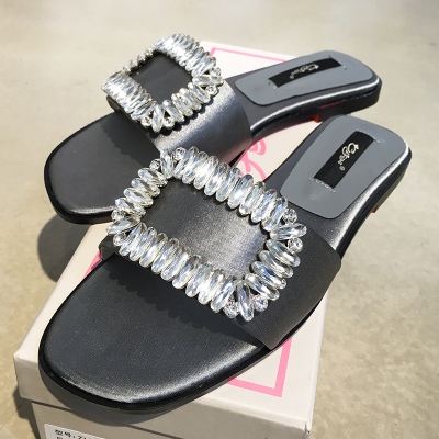 Дамски сатенени чехли с камъни - сиви , черни, розови, червени и зелени