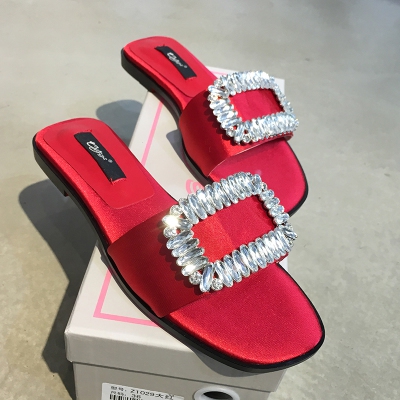 Дамски сатенени чехли с камъни - сиви , черни, розови, червени и зелени