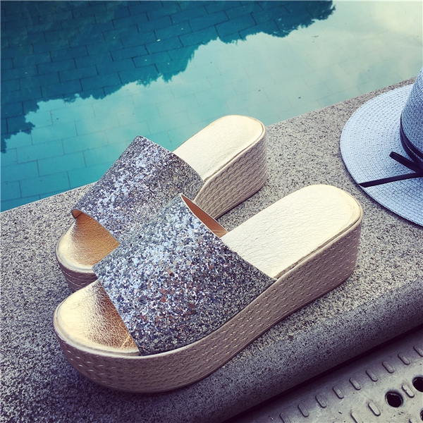 Ladies Brocade Glitter Παντόφλες σε πλατφόρμα