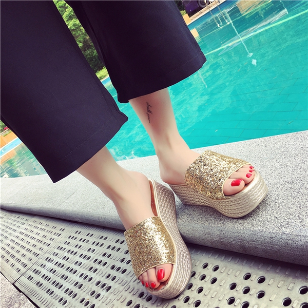 Ladies Brocade Glitter Παντόφλες σε πλατφόρμα