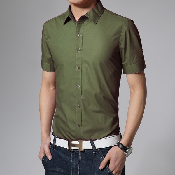 Μονόχρωμα καλοκαιρινά ανδρικά πουκάμισα με κοντό μανίκι  - μοβ, μοβ, λευκό, κόκκινο και άλλα βαμβακερά μοντέλα