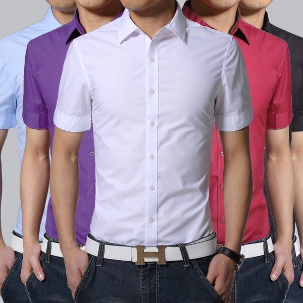 Мъжки едноцветни летни ризи с къс ръкав - морскосини, лилави, бели, червени и други памучни модели