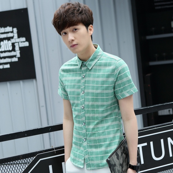 Καρό πουκάμισα ανδρικά, βαμβακερά με  κοντό μανίκι - τρία φωτεινά και φρέσκα μοτίβο σε μπλε και πράσινα χρώματα