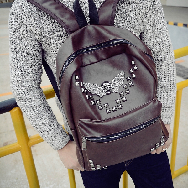 Ретро раница през рамо с емблема в три цвята - кафяв, сив и черен