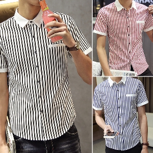 Мъжки слим раирани официални ризи - 3 модела с бяло-червено, бяло-синьо и бяло-черно райе
