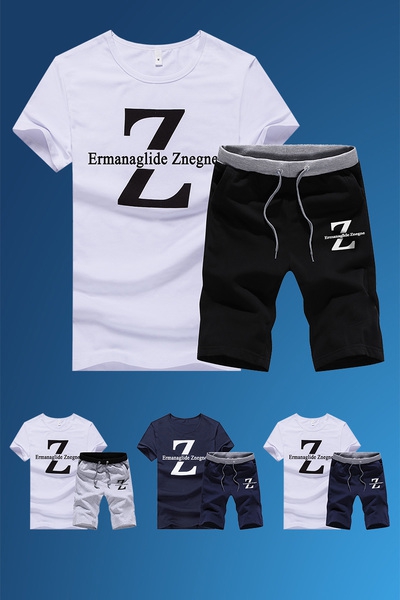 Мъжки летен екип за ежедневие и отдих Z ermenegildo - бяла тениска с къс ръкав и черни еластични къси панталони