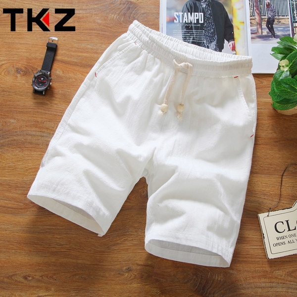 Мъжки плажни и ежедневни ленени къси панталони - еластични, черни и бели, сини и зелени 