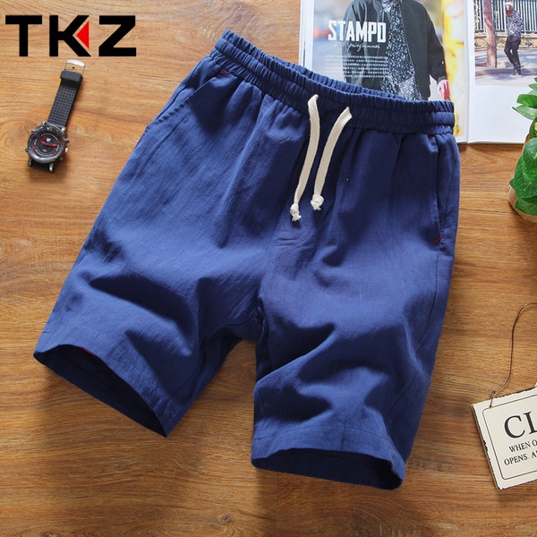 Мъжки плажни и ежедневни ленени къси панталони - еластични, черни и бели, сини и зелени 