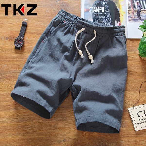 Мъжки плажни и ежедневни ленени къси панталони - еластични, черни и бели, сини и зелени 