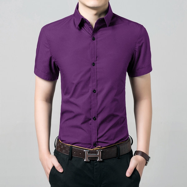 Ανδρικά πουκάμισα καλοκαίρι - συνδυασμός από διαφορετικά υλικά: 65% πολυεστέρας και βαμβάκι -  σε μοβ, ροζ, μαύρο, μπλε
