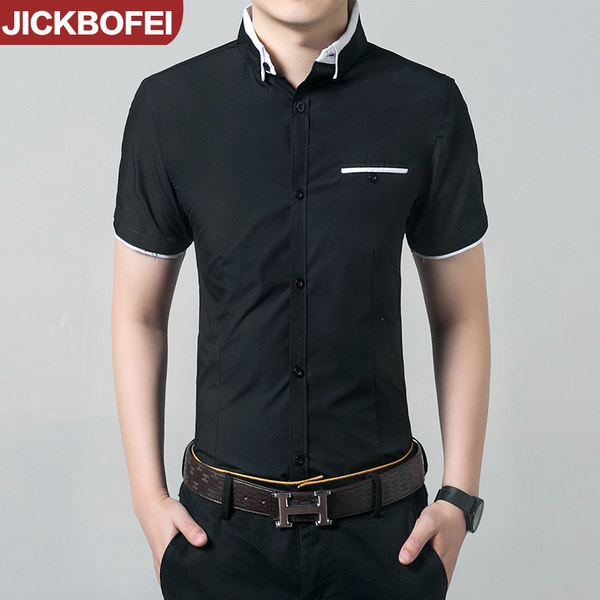  Καλοκαιρινά ανδρικά πουκάμισα - μαύρο και άσπρο με υλικό από πολυεστέρα και βαμβάκι