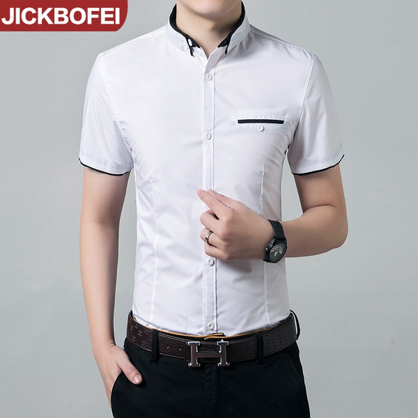 Мъжки летни бизнес ризи с къс ръкав - черни и бели с материал от полиестър и памук