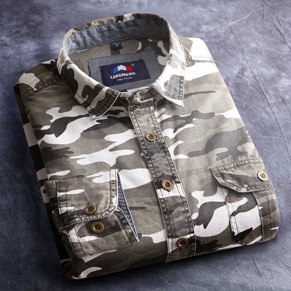 Мъжки камуфлажни ризи с дълъг ръкав - топ памучни младежки модели - пролетни, летни и есенни