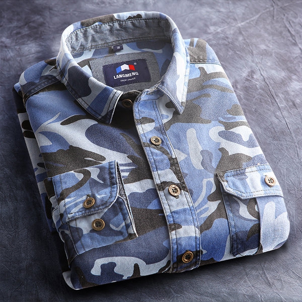 Мъжки камуфлажни ризи с дълъг ръкав - топ памучни младежки модели - пролетни, летни и есенни