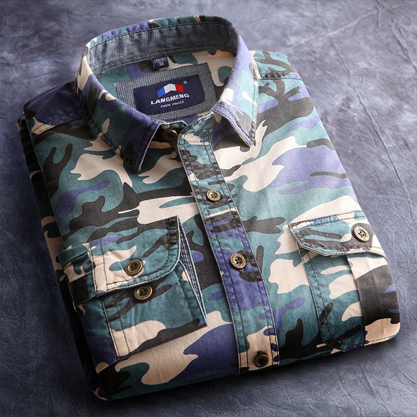 Мъжки камуфлажни ризи с дълъг ръкав - топ памучни младежки модели - пролетни, летни и есенни