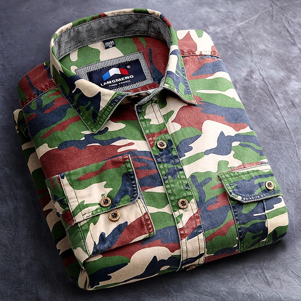 Мъжки камуфлажни ризи с дълъг ръкав - топ памучни младежки модели - пролетни, летни и есенни