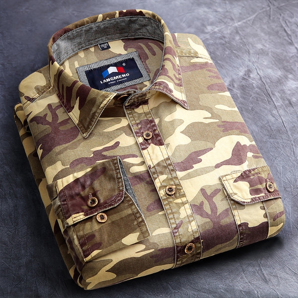 Мъжки камуфлажни ризи с дълъг ръкав - топ памучни младежки модели - пролетни, летни и есенни