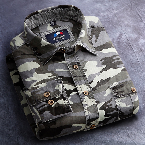 Мъжки камуфлажни ризи с дълъг ръкав - топ памучни младежки модели - пролетни, летни и есенни