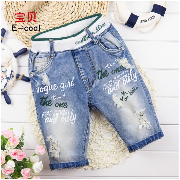 Дънкови къси детски панталони за момчета с надписи един модел.