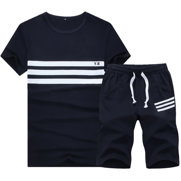 Мъжки летен спортен екип от тениска с къс ръкав и къси панталони сиви, черни, червени комбинации с щампи