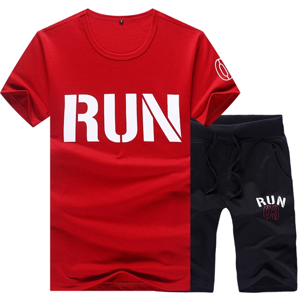 Мъжки летен спортен екип от тениска с къс ръкав и къси панталони сиви, черни, червени комбинации с щампи