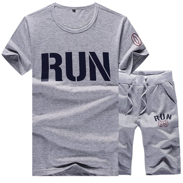 Мъжки летен спортен екип от тениска с къс ръкав и къси панталони сиви, черни, червени комбинации с щампи