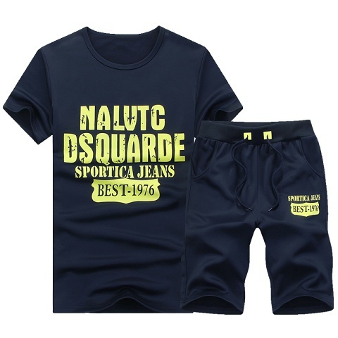 Мъжки летен спортен екип от тениска с къс ръкав и къси панталони сиви, черни, червени комбинации с щампи