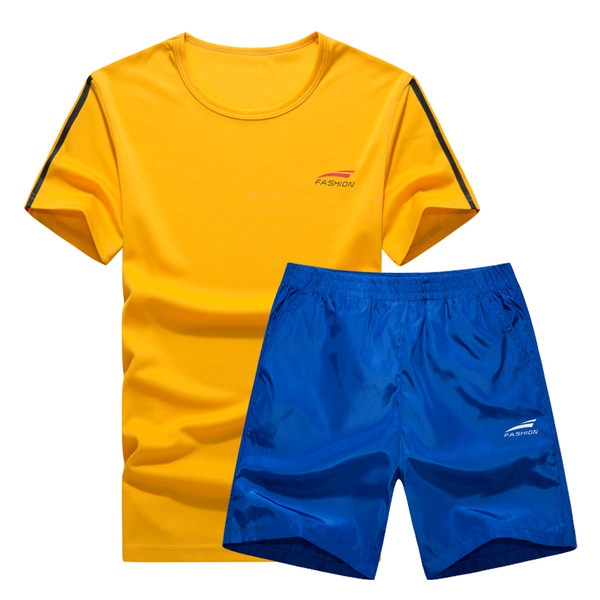 Мъжки спортен летен комплект от тениска с къси ръкави и къси панталони топ модели в жълти, сини, сиви цветове  