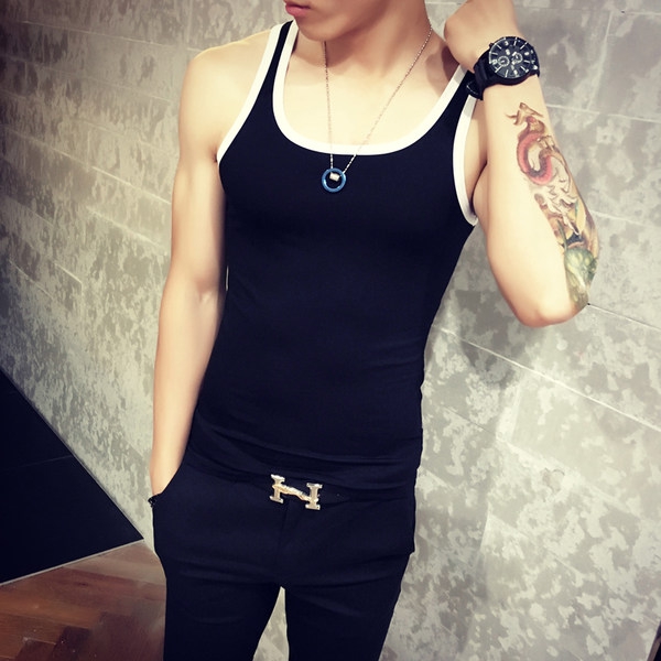 Мъжки спортен фитнес слим тънък памучен бял черен виненочервен черен моден потник