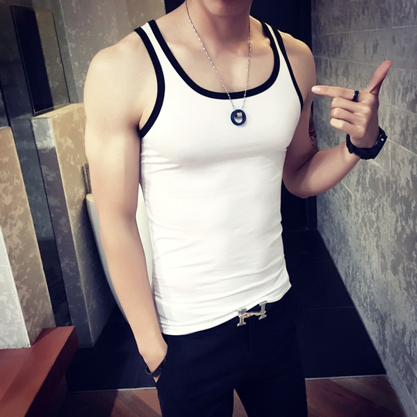 Мъжки спортен фитнес слим тънък памучен бял черен виненочервен черен моден потник