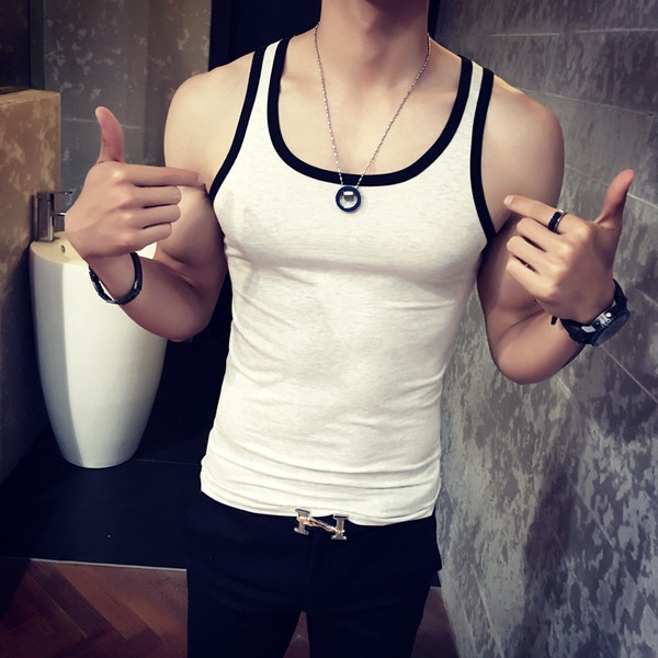 Мъжки спортен фитнес слим тънък памучен бял черен виненочервен черен моден потник