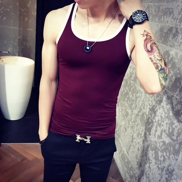 Мъжки спортен фитнес слим тънък памучен бял черен виненочервен черен моден потник